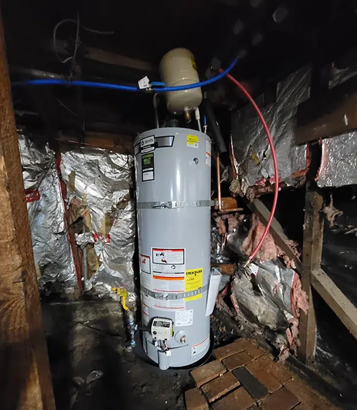 New A. O. Smith water heater installation in crawl space in Rancho Cucamonga CA