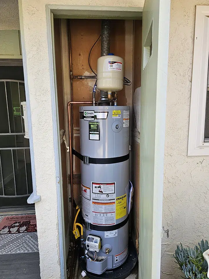 Outdoor water heater closet installation with A. O. Smith tank in Rancho Cucamonga CA