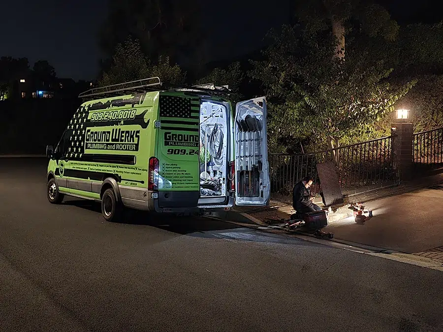Ground Werks Plumbing and Rooter truck working emergency service in Rancho Cucamonga