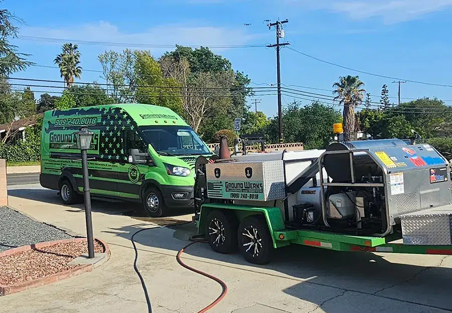 Ground Werks Plumbing and rooter truck and trailer in Rancho Cucamonga