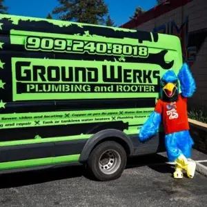 Ground Werks Plumbing and Rooter fleet can with mascot in Rancho Cucamonga